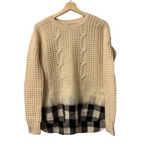 Madewell Women's S Cable Knit wool‎ and cotton Sweater Plaid Hem Pullover
